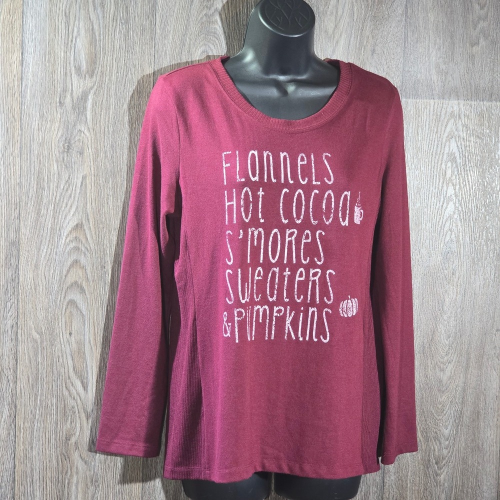 MODERN CANVAS Womens Small Burgundy Long Sleeve Sweatshirt "Flannels Hot Cocoa"